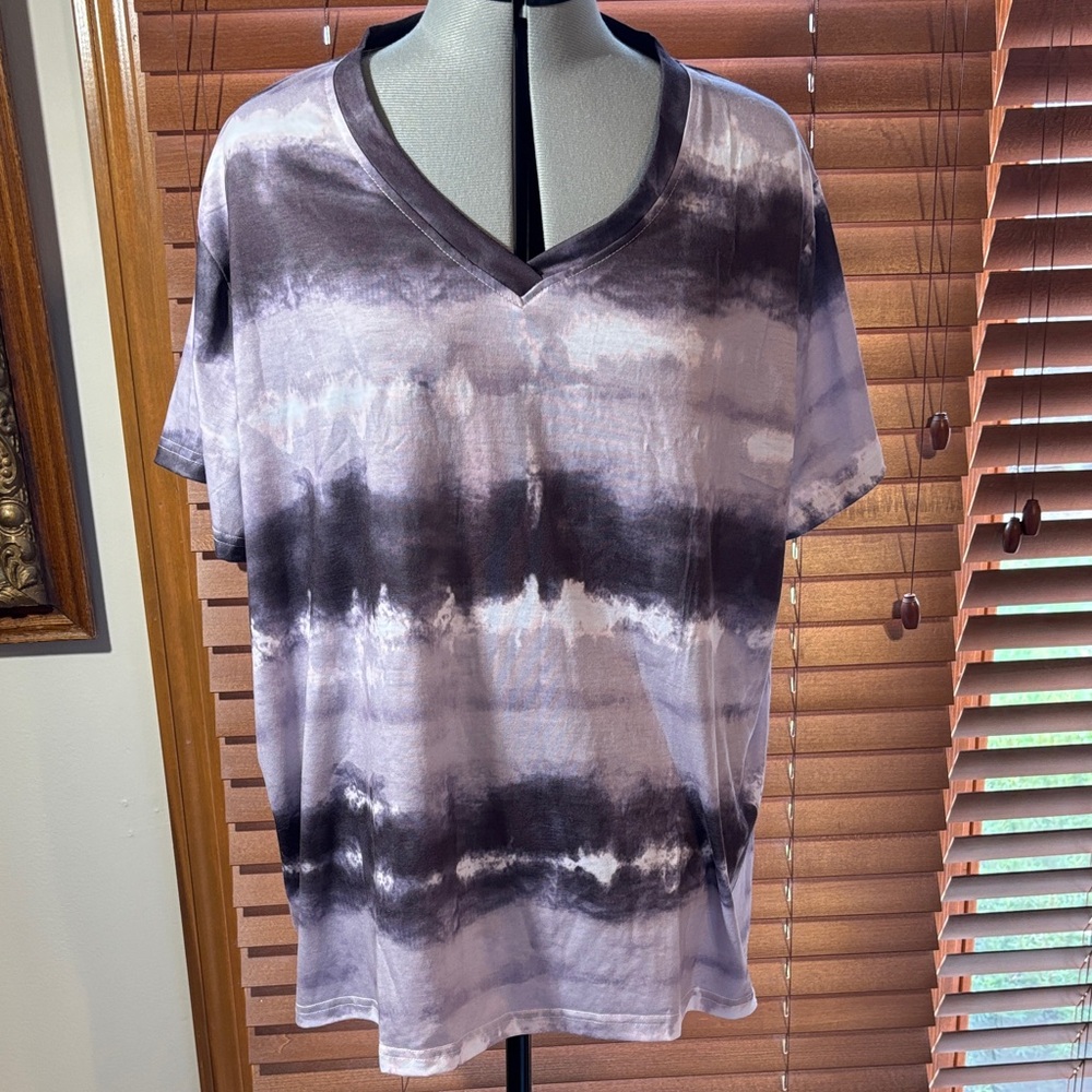 Shibori Tie Dye V-Neck Boho Festival Top Purple Black White Grey Women's Size 3X